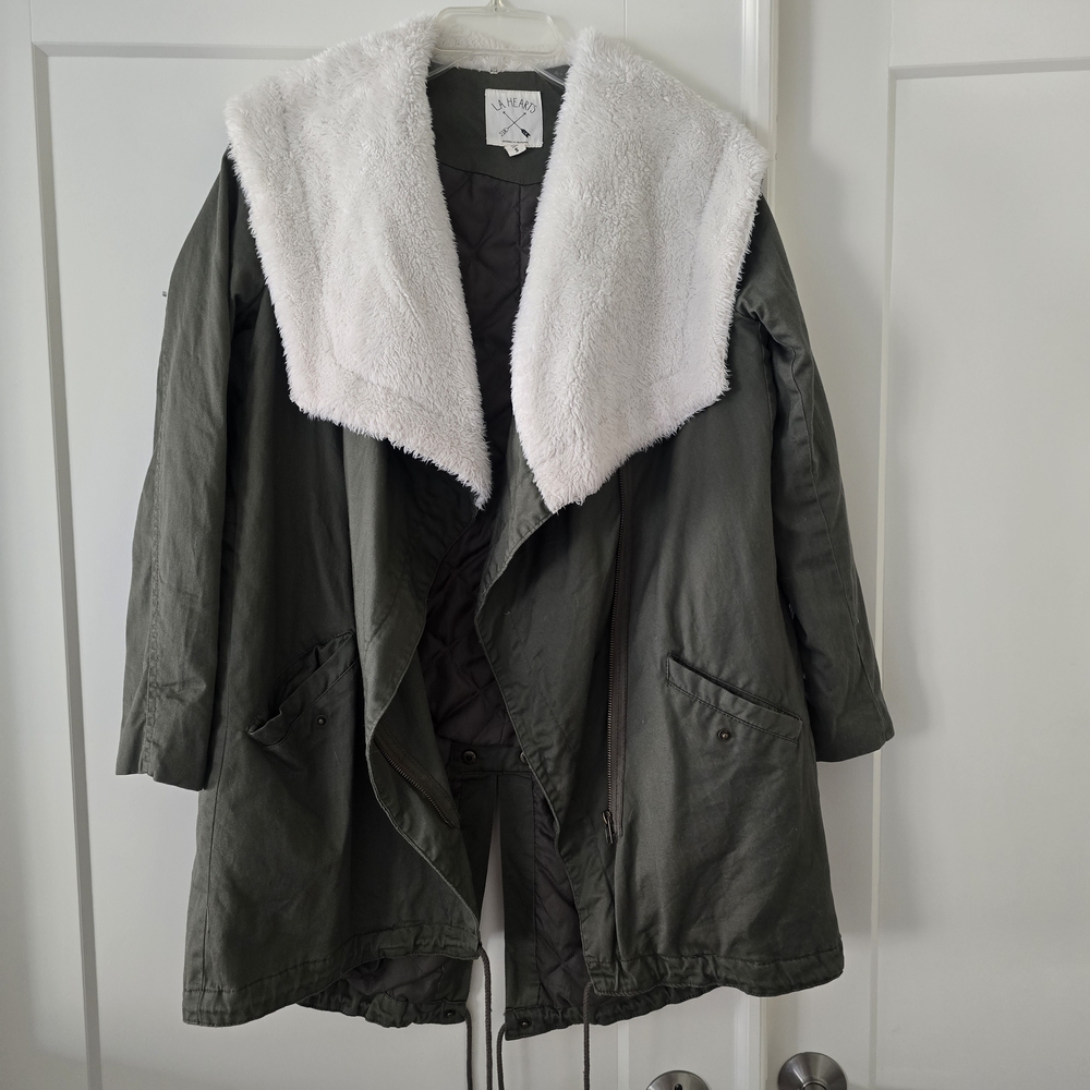 La Hearts Olive Green Puffer Coat with White Sherpa Collar